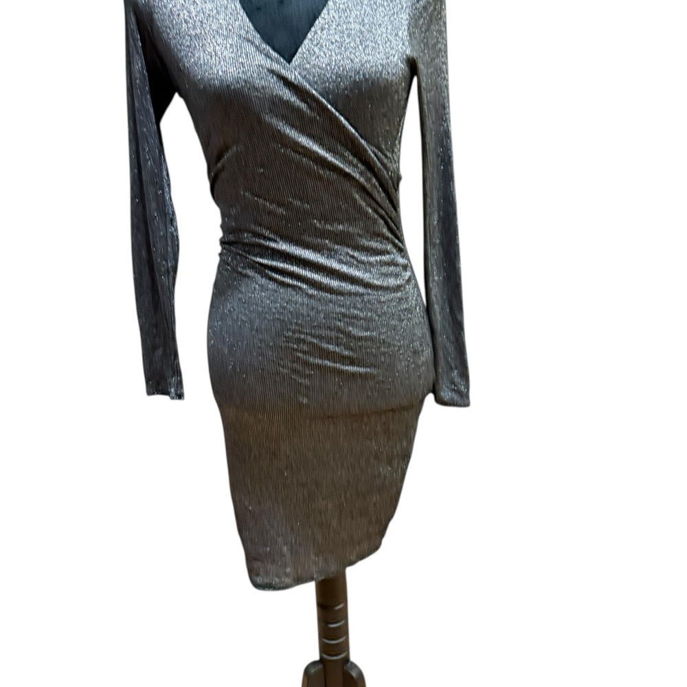 Ted Baker Doccina Metallic Long Sleeve Bodycon Mini Dress Silver Womens Size 1